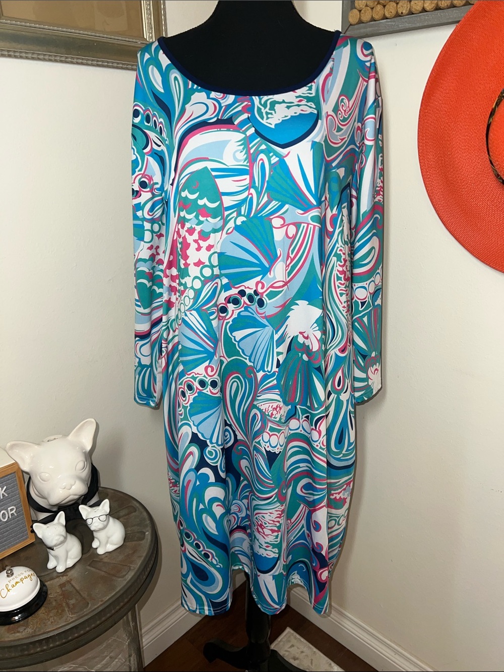 Perfectly Priscilla Swirl Long Sleeve Dress in Teal & Pink Sz. 2X